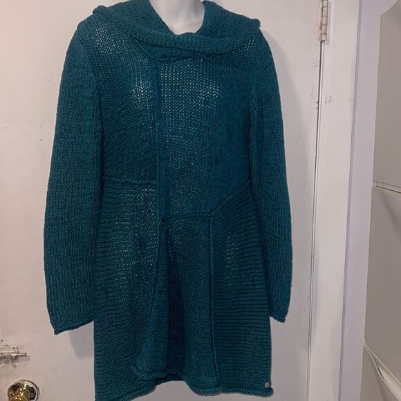 ANTHROPOLOGIE PURE HANDKNIT Teal knit Cowl Neck Sweater Dress-M/L - Picture 1 of 8